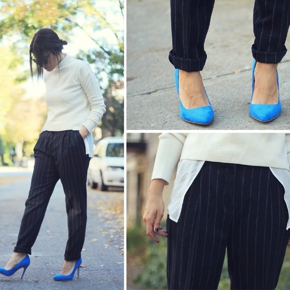 MANGO navy blue striped straight leg trousers - Picture 3 of 5